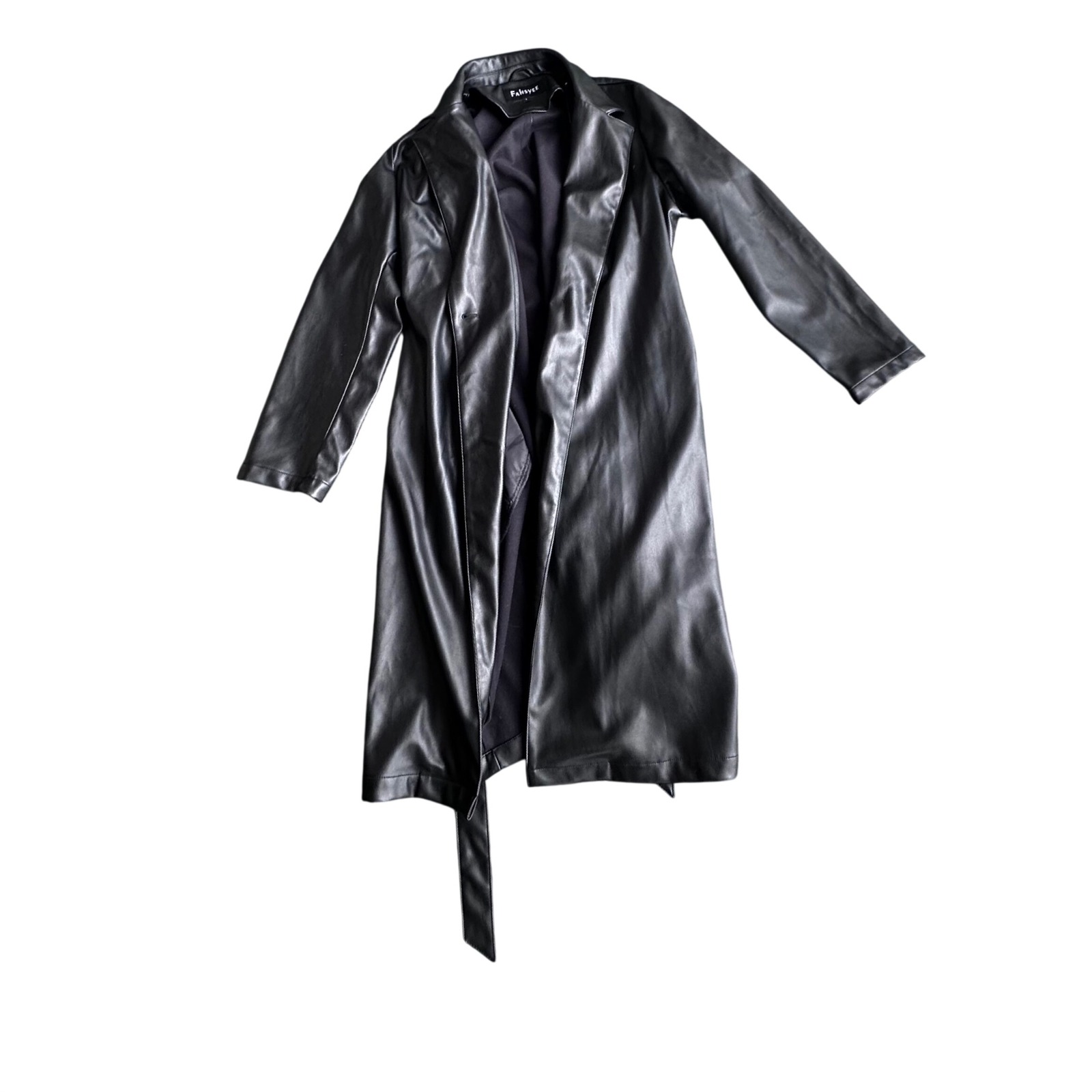Fahsyee Black Faux Leather Long Trench Coat Belted Duster Jacket Womens Large